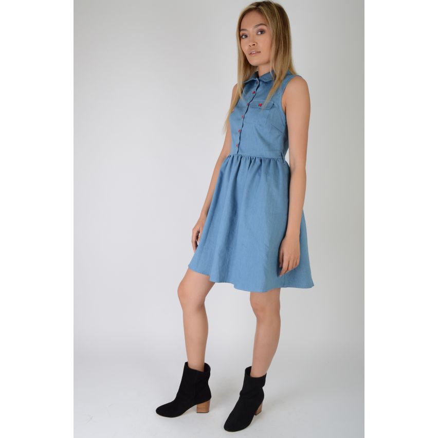 Lovemystyle Denim Skater Dress With Contrasting Red Buttons - SAMPLE