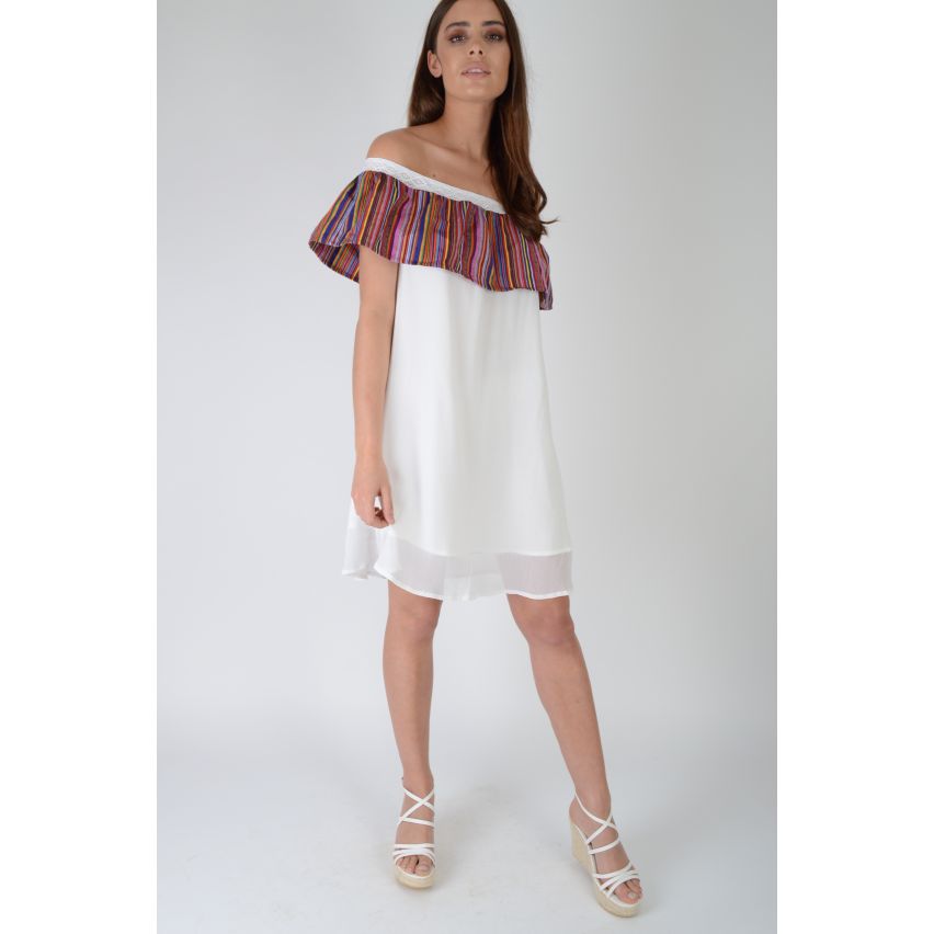 LMS aus der weißen Doppelschicht Kleid mit Streifen Rüsche