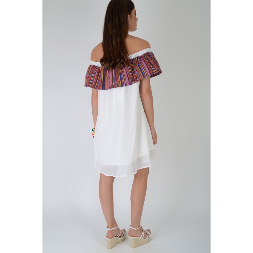 LMS Off The Shoulder White Double Layer Dress With Stripe Frill