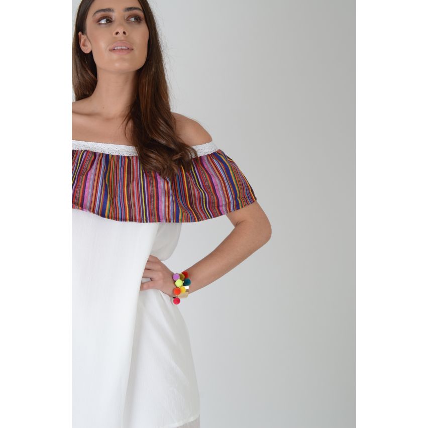 LMS aus der weißen Doppelschicht Kleid mit Streifen Rüsche