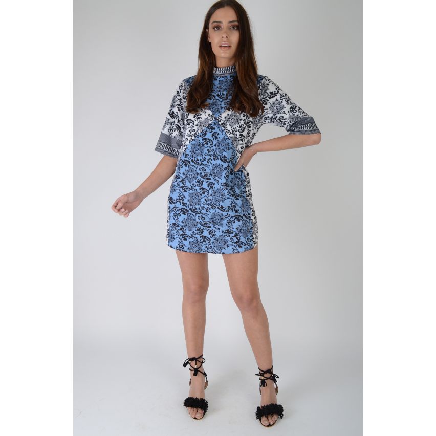 Lovemystyle Blue And White Shift Dress With Black Paisley Print - SAMPLE
