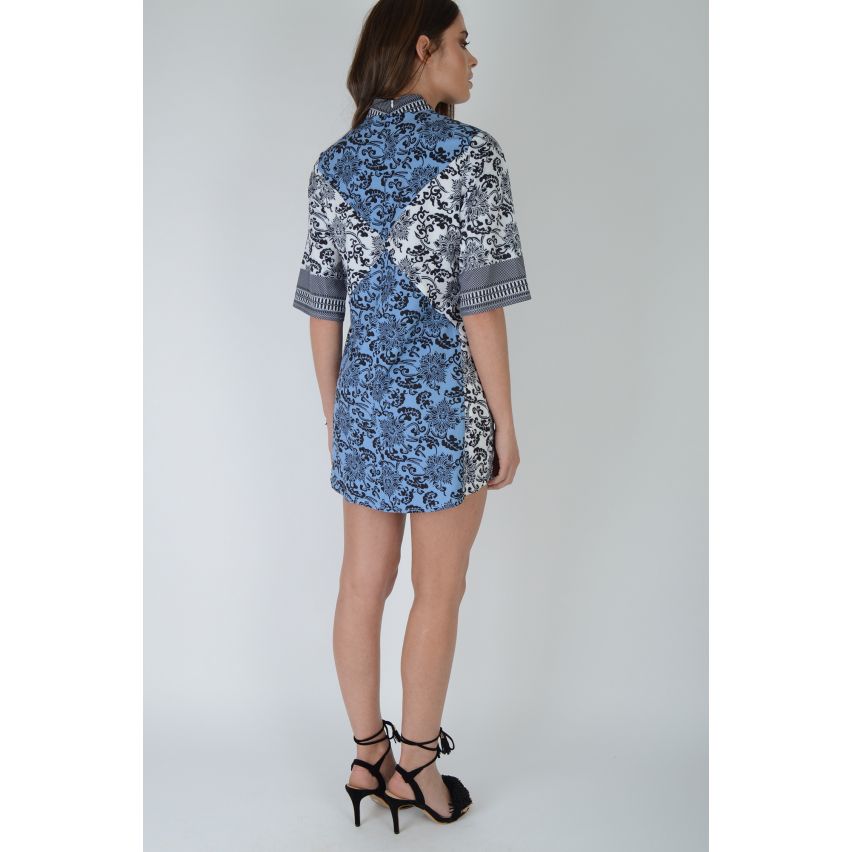 Lovemystyle Blue And White Shift Dress With Black Paisley Print - SAMPLE