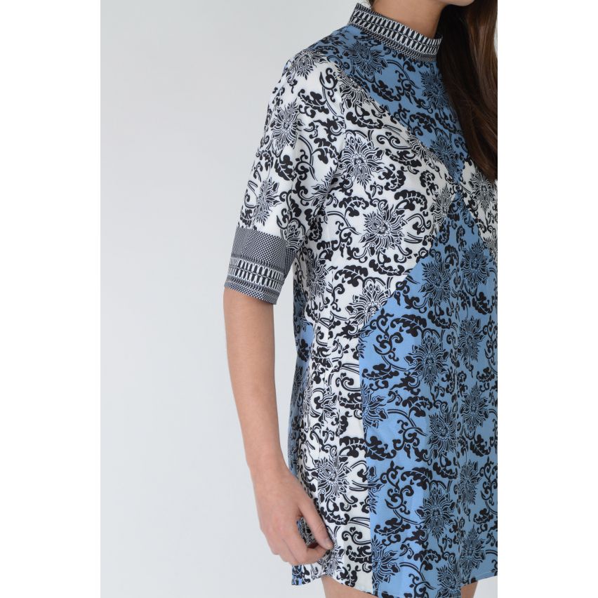 Lovemystyle Blue And White Shift Dress With Black Paisley Print - SAMPLE