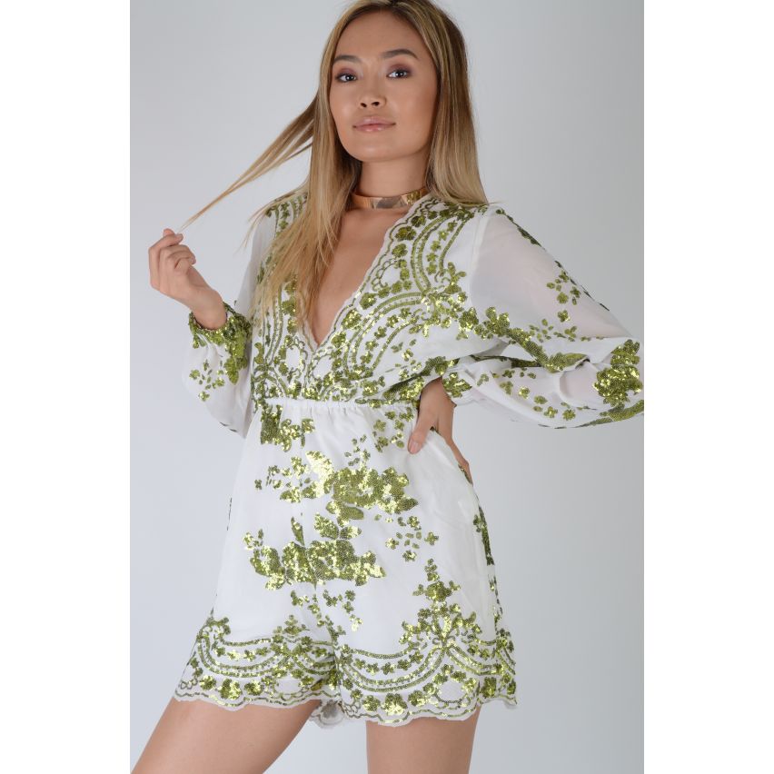 LMS White Plunge Neck Playsuit With Green Sequin Embellishment - SAMPLE