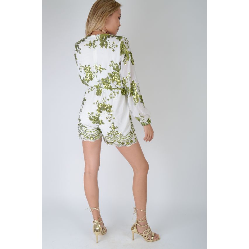 LMS White Plunge Neck Playsuit With Green Sequin Embellishment - SAMPLE