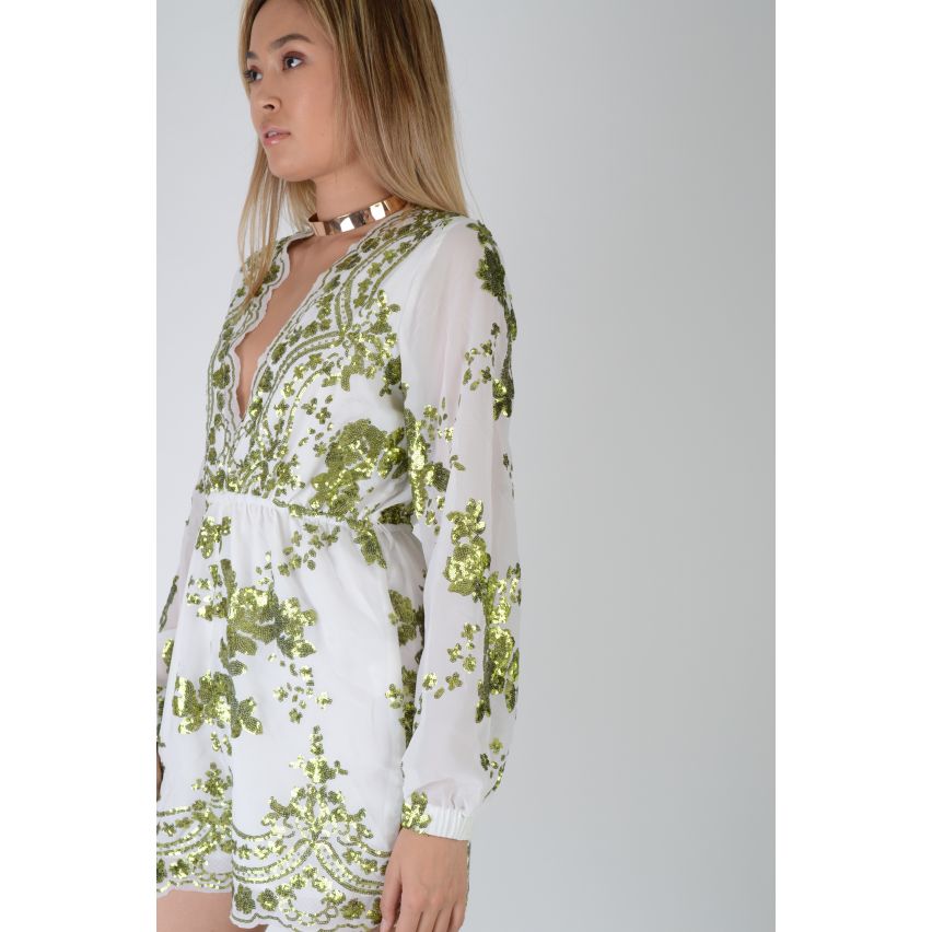 LMS White Plunge Neck Playsuit With Green Sequin Embellishment - SAMPLE