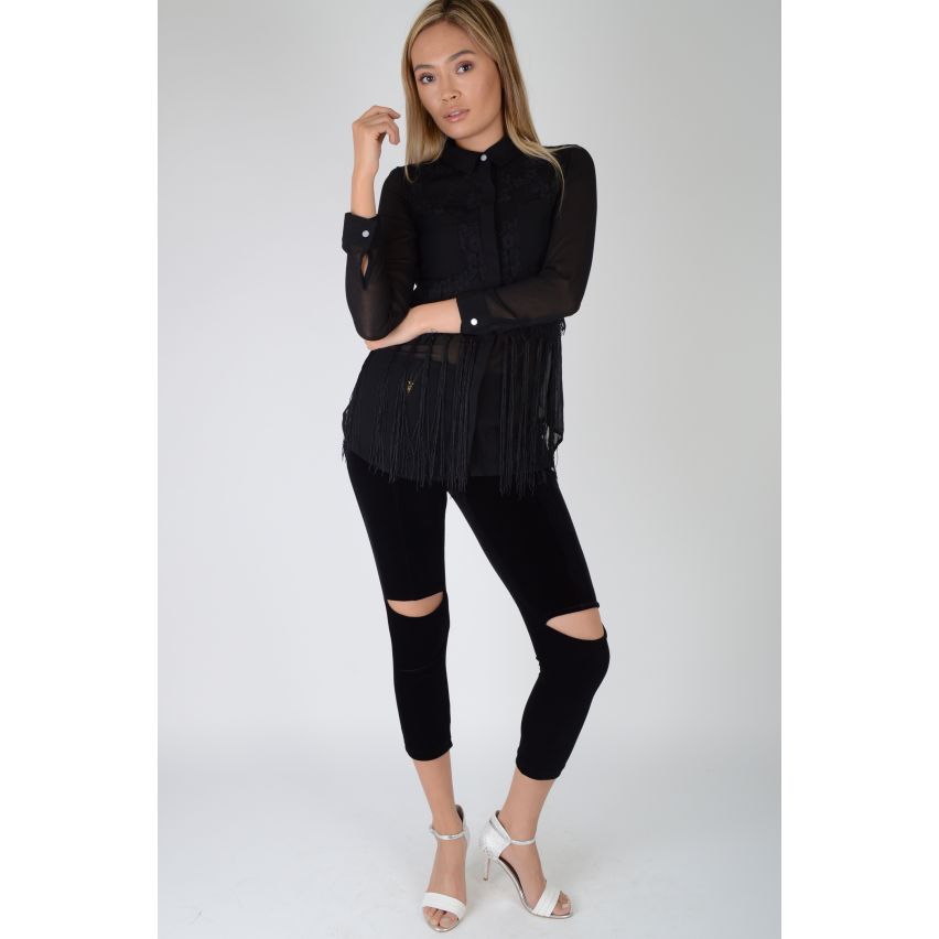 Chemisier en mousseline de soie Lovemystyle noir avec dentelle et superposition de gland