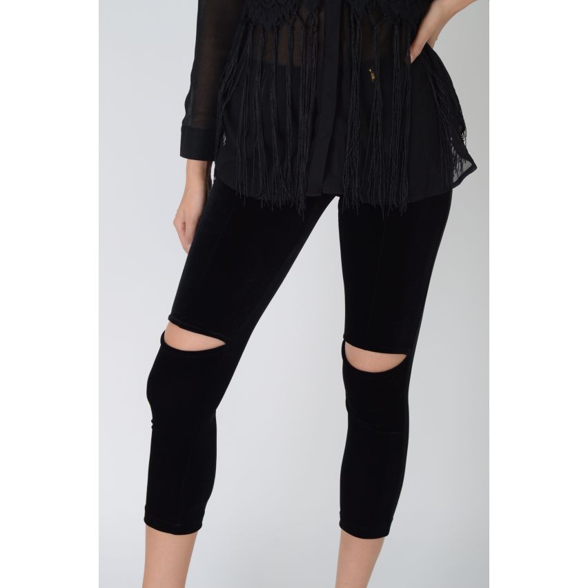 Lovemystyle Highwaisted Black Velvet Leggings With Ripped Knees - SAMPLE