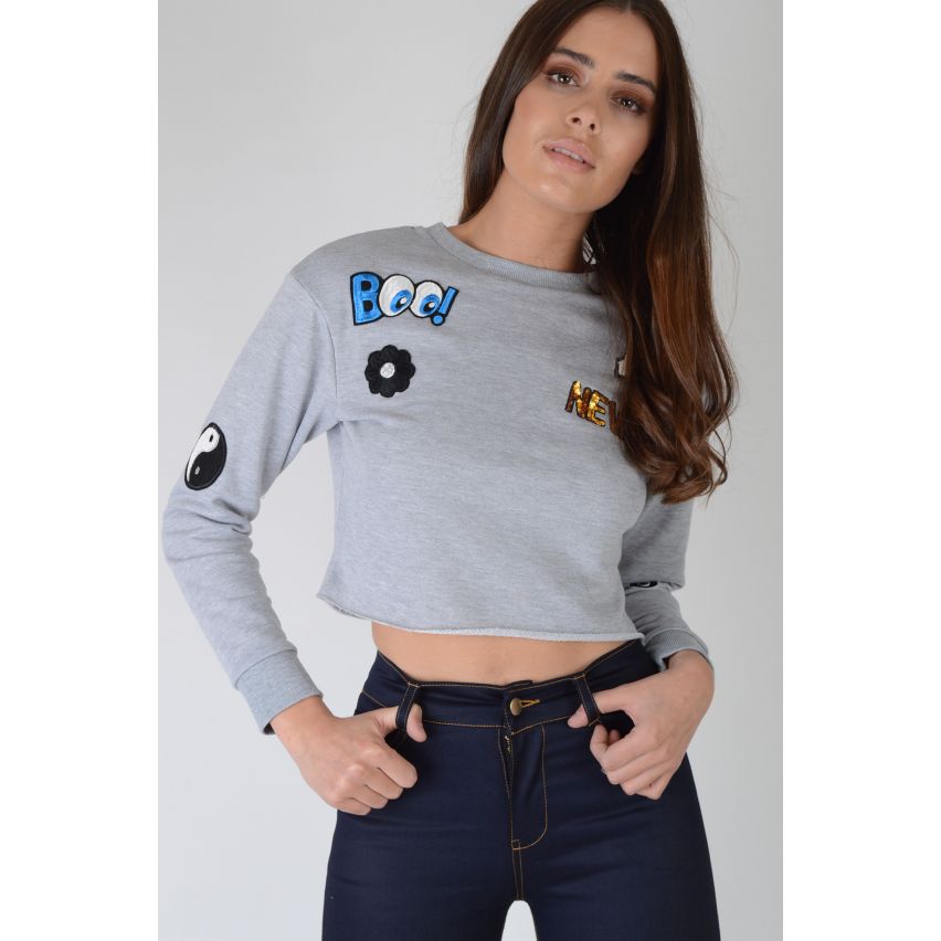 Lovemystyle Grey Cropped Jumper With Patch Design - SAMPLE
