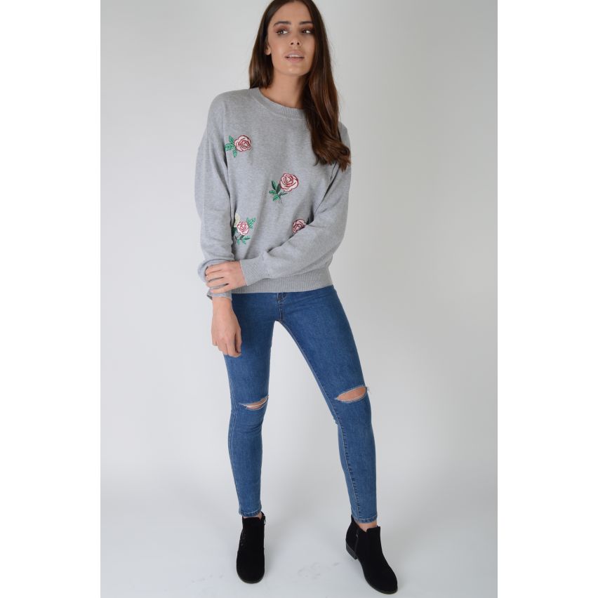 Lovemystyle Light Grey Sweater With Patchwork Roses