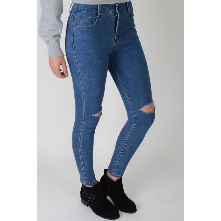 Lovemysyle High Waisted lavage léger Jeans en Denim avec des genoux déchirés