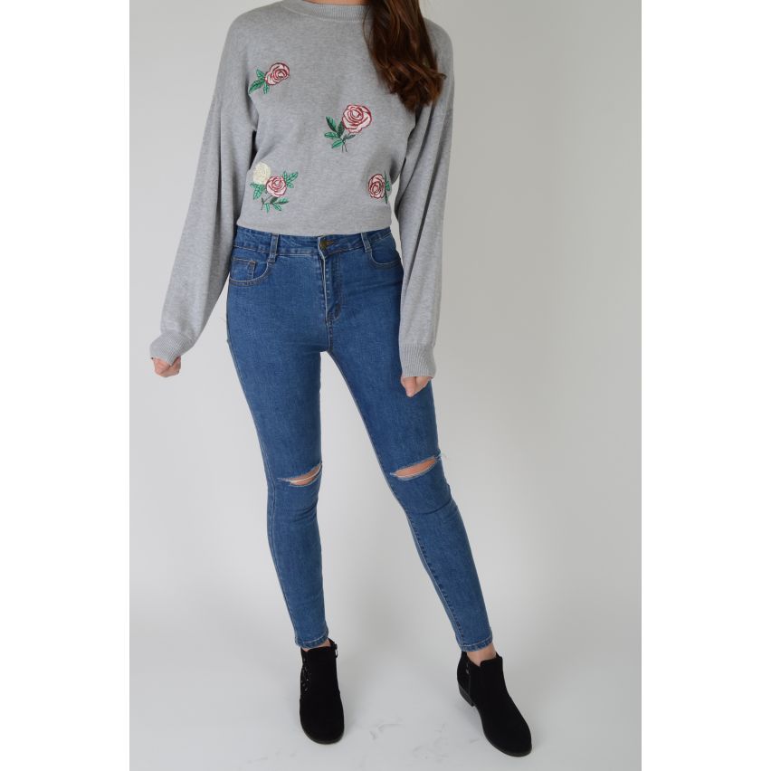 Lovemysyle hohe Taille Light Wash Denimjeans mit Zerrissene Knie