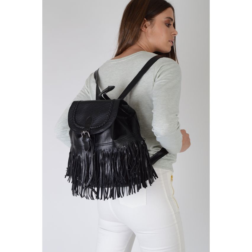 Lovemystyle Medium Black Backpack With Fringing