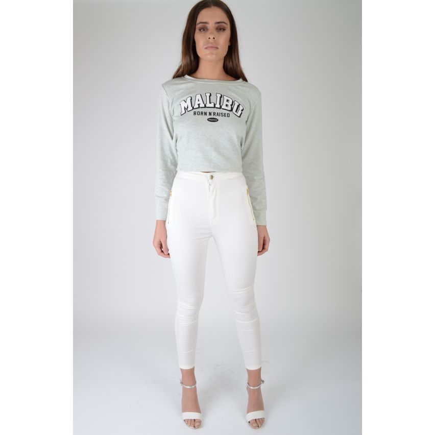 LMS High Waisted White Skinny Jeans With Gold Zip Detail