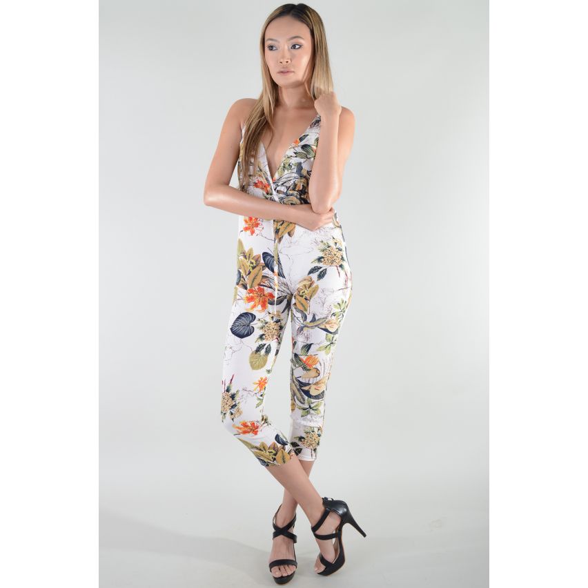 Lovemystyle Floral Crop Jumpsuit With Plunge Neck - SAMPLE