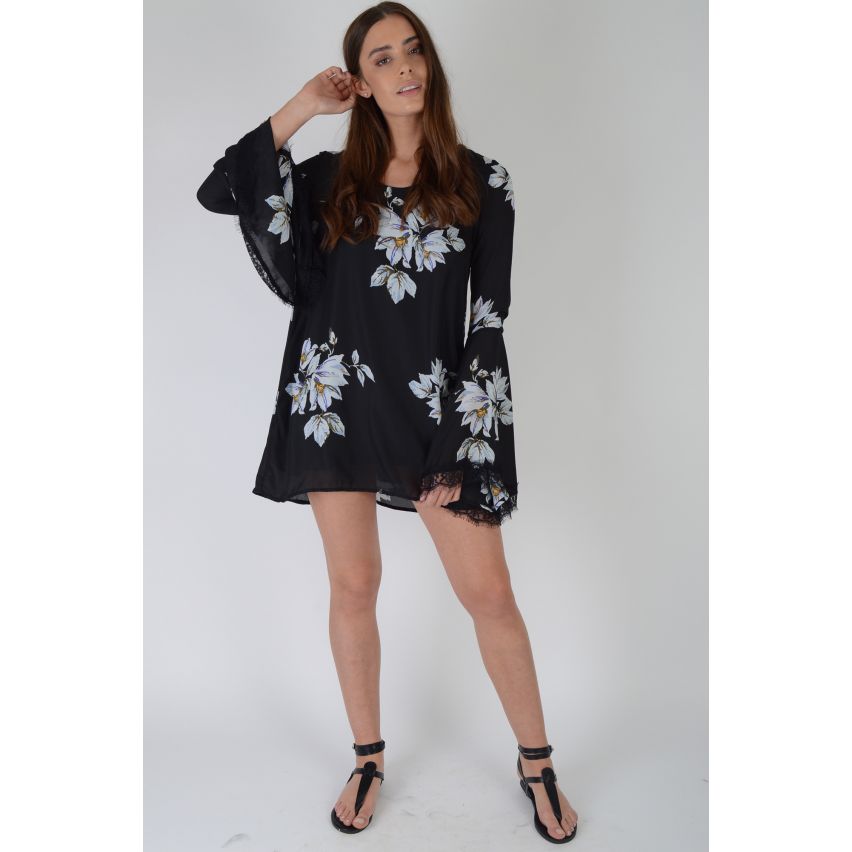 LMS Black Floral Hollow Out Bell Sleeved Dress With Lace Trim - SAMPLE