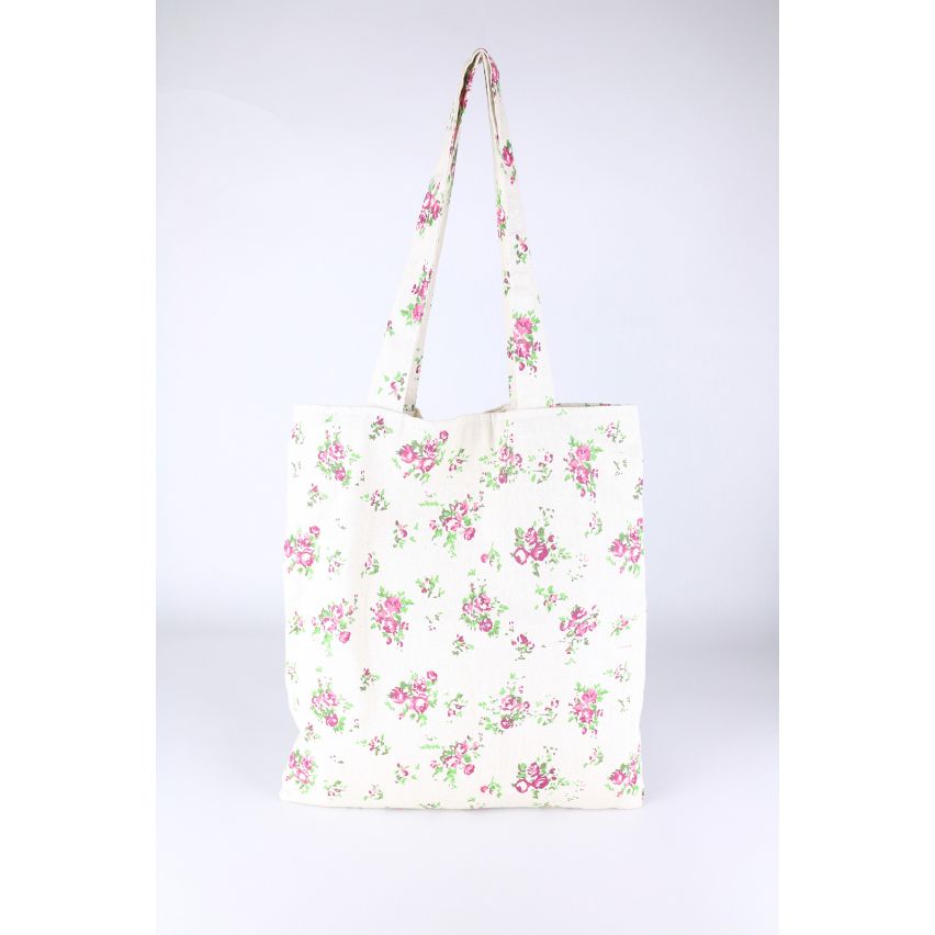 Lovemystyle Cream Canvas Shopping Bag With Red Floral Print