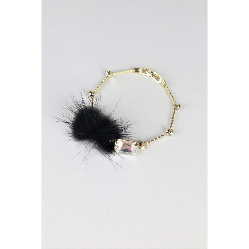 Lovemystyle Silver Diamante Bracelet With Black Pom-Pom