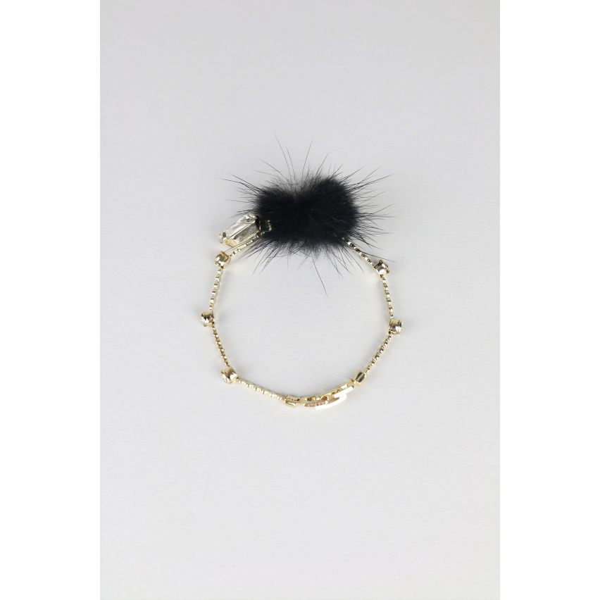 Lovemystyle Silver Diamante Bracelet With Black Pom-Pom