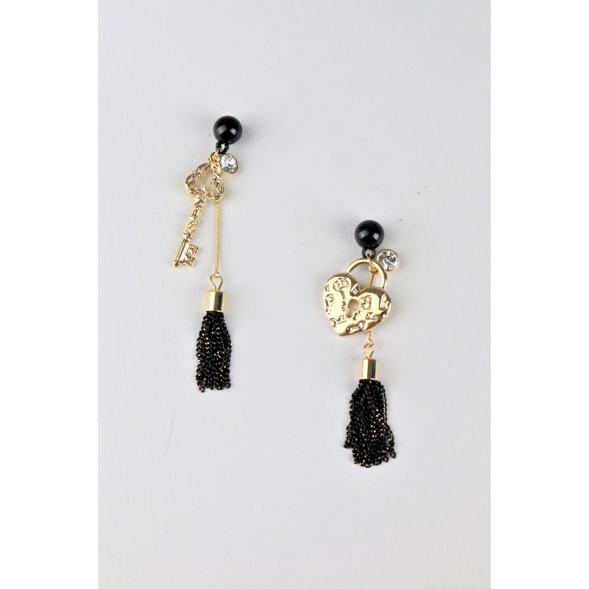 LMS Black And Gold Tassel Earrings With Padlock And Key Charms