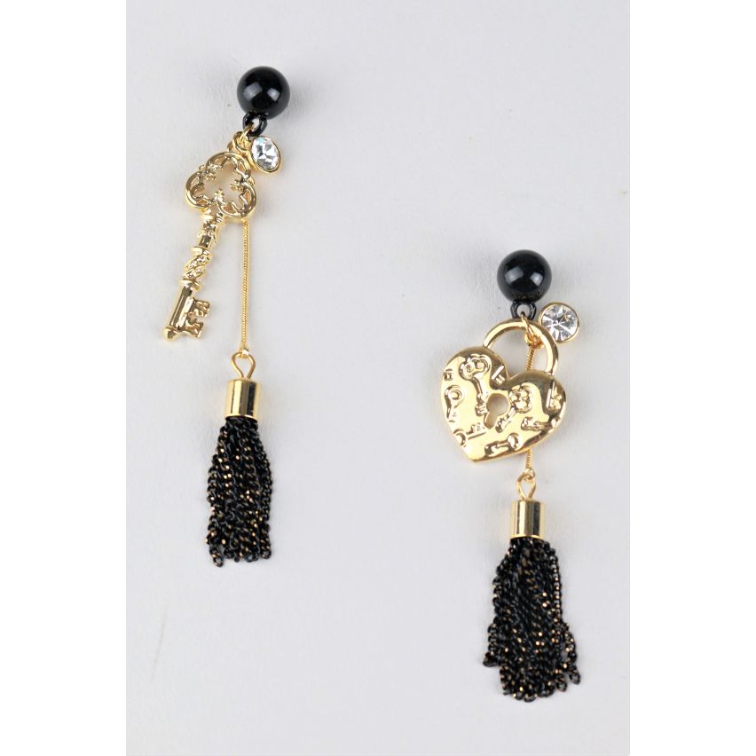 LMS Black And Gold Tassel Earrings With Padlock And Key Charms