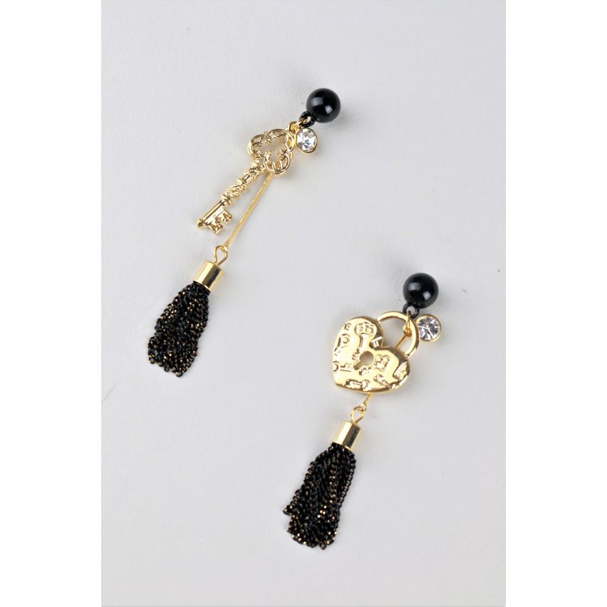 LMS Black And Gold Tassel Earrings With Padlock And Key Charms