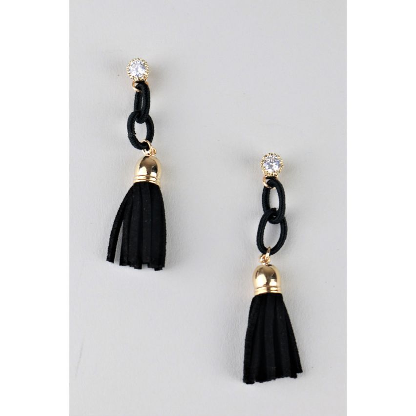 Lovemystyle Black And Gold Tassel Earrings With Stud Diamante