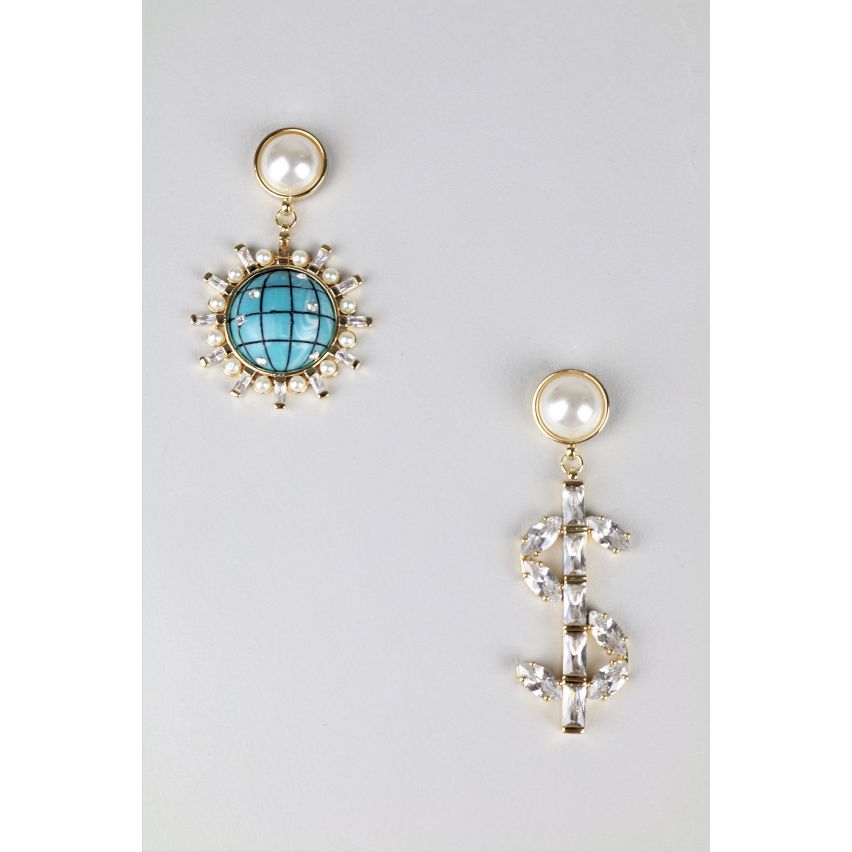 LMS Pearl And Diamante Earrings With Globe And Dollar Sign Drop