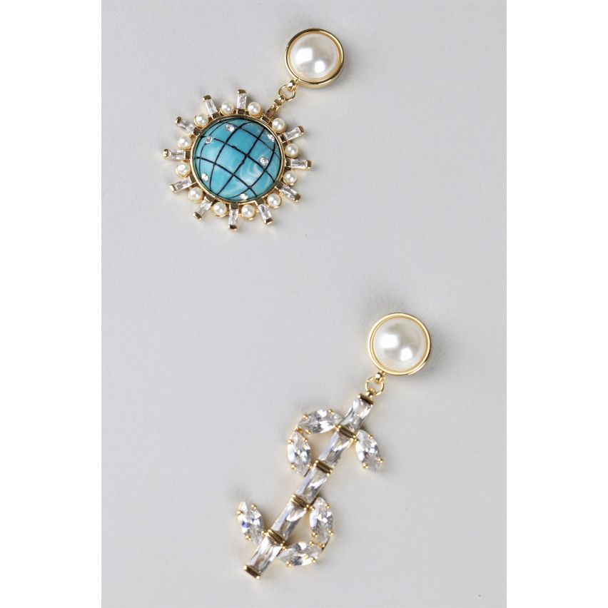 LMS Pearl And Diamante Earrings With Globe And Dollar Sign Drop