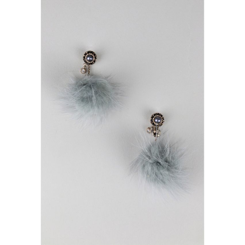 Lovemystyle Statement Pom Pom Drop Earrings With Grey Pearl