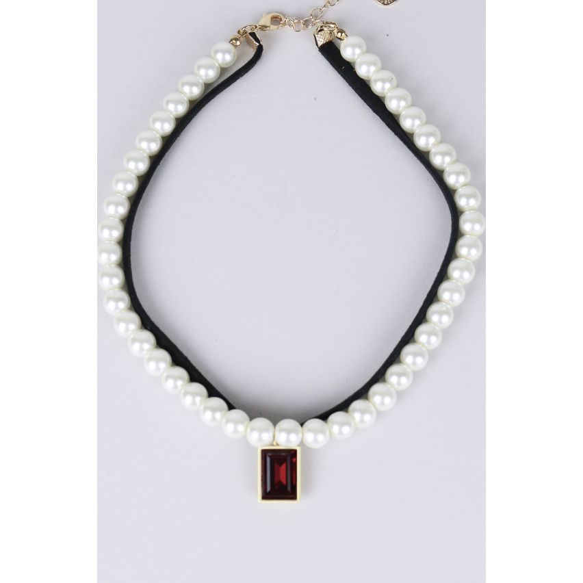 Pearl And Leather Double Strap Choker With Red Stone Pendant - SAMPLE