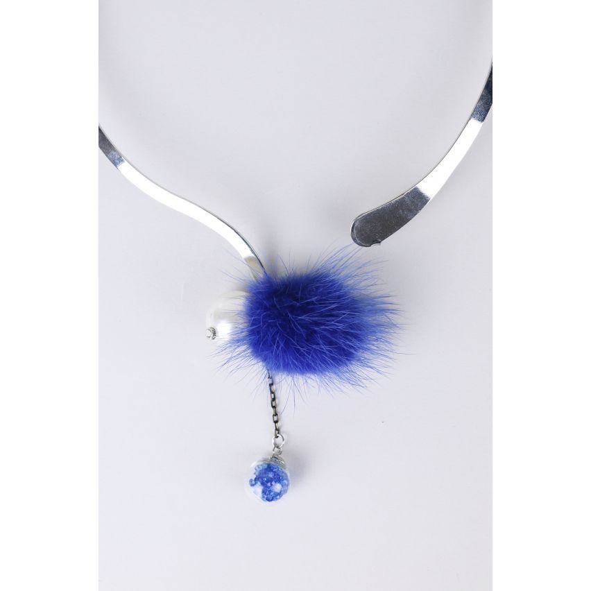 Lovemystyle Silber Collier mit blauen Pom-Pom-Detail