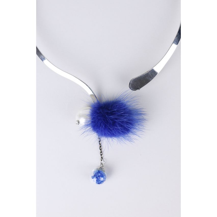 Lovemystyle Silver Choker med blå Pom Pom detalj