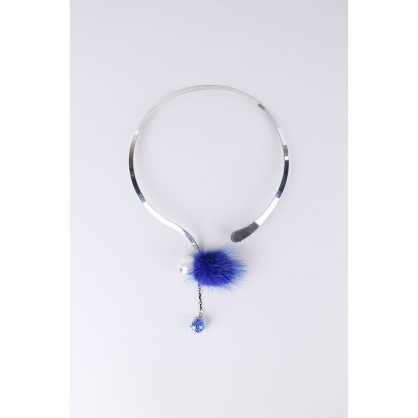 Lovemystyle argent Collier avec détail de Pom Pom bleu
