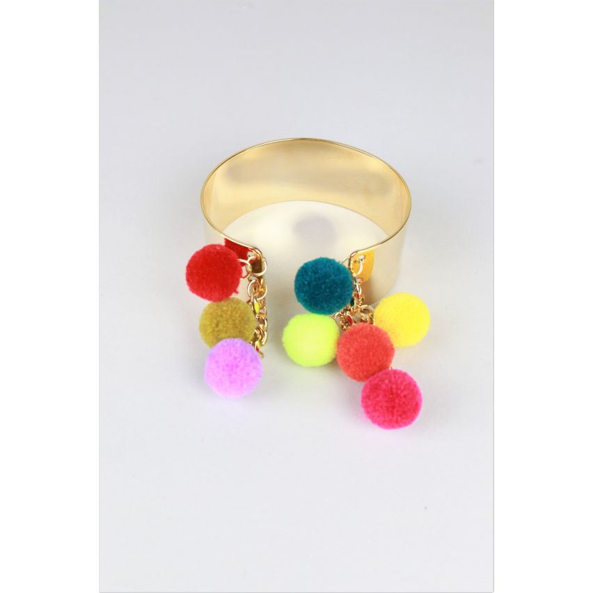 Lovemystyle Thick Gold Cuff Bracelet With Multicoloured Pom Poms
