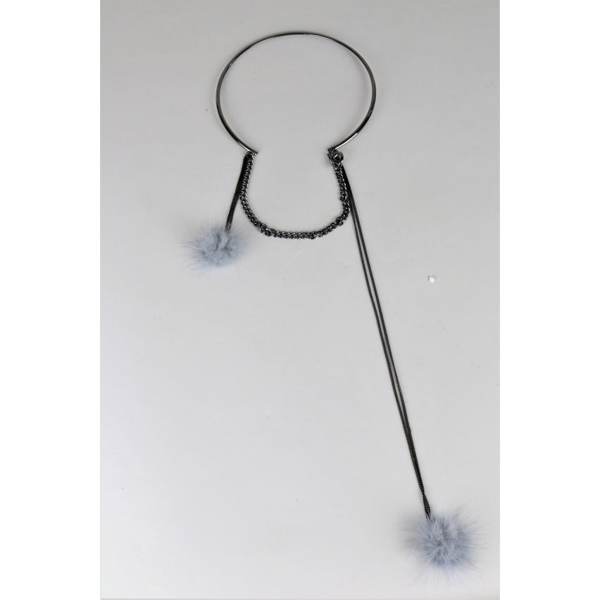 Lovemystyle Black Choker Necklace With Grey Pom Pom Pendants