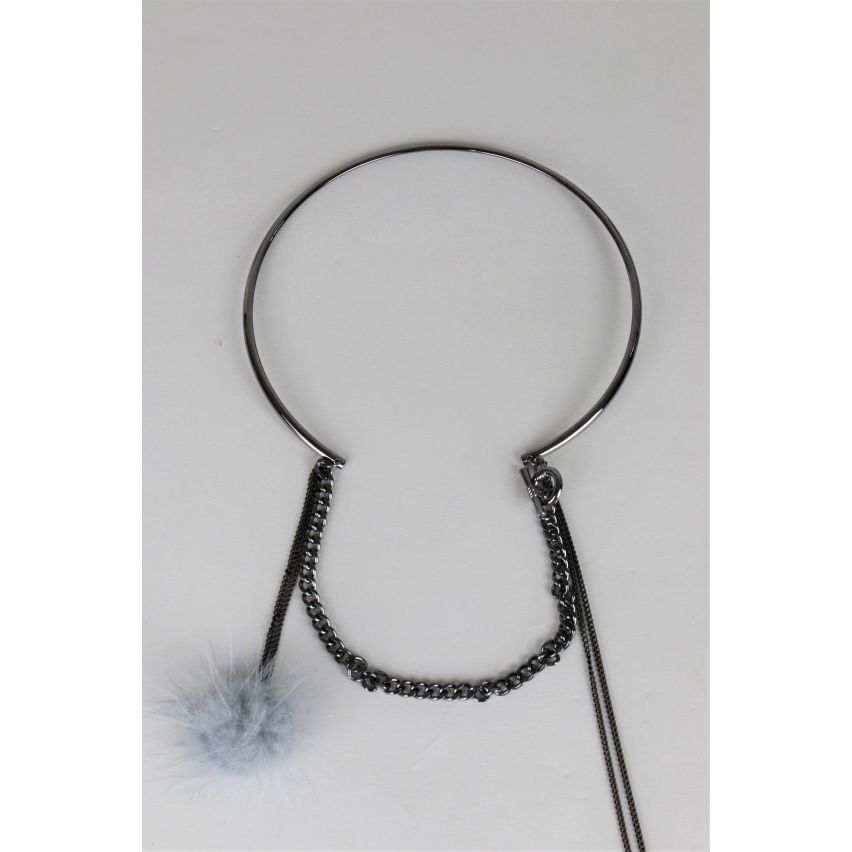 Lovemystyle Black Choker Necklace With Grey Pom Pom Pendants