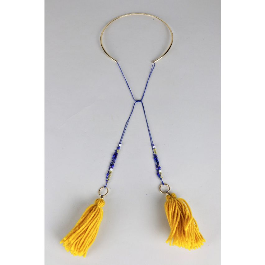 LMS Open Gold Choker Necklace With Drop Tassel And Bead Detail