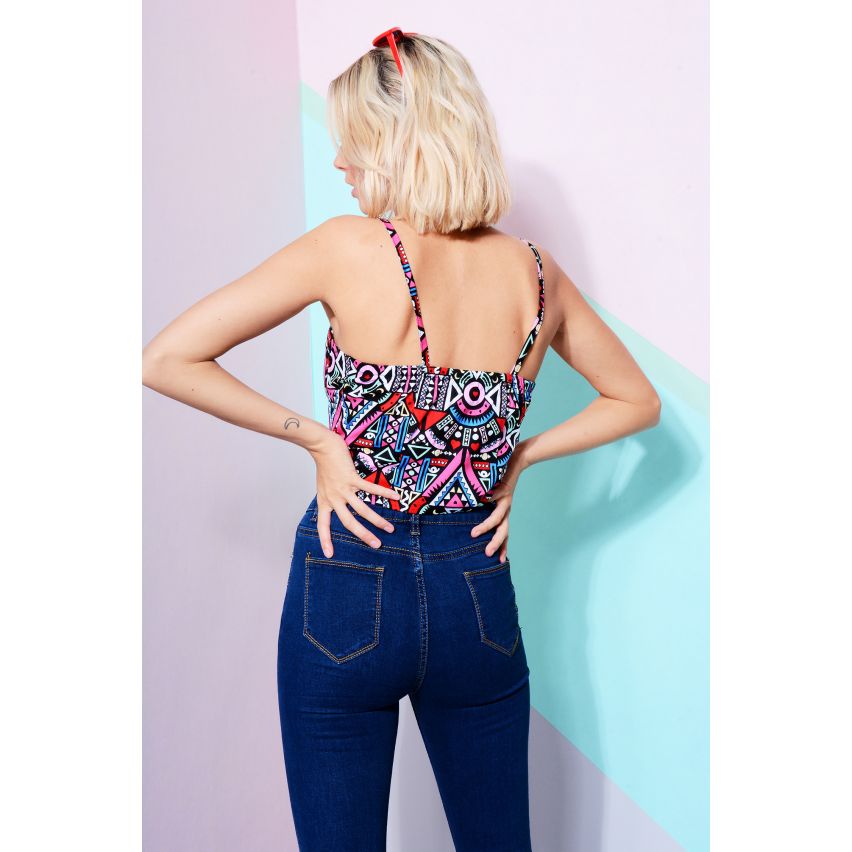 LMS zwart Barlet Crop Top met Neon Aztec Print en gouden Zip