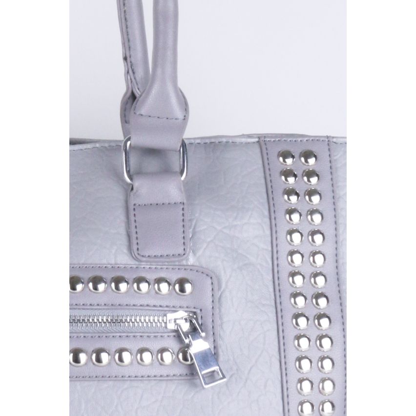 Lovemystyle Grey Faux Leather Tote Bag With Studs