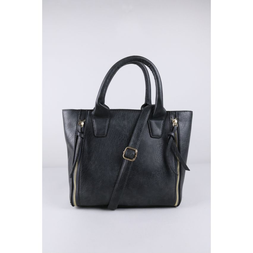Lovemystyle Dark Grey Faux Leather Tote Bag with Zips
