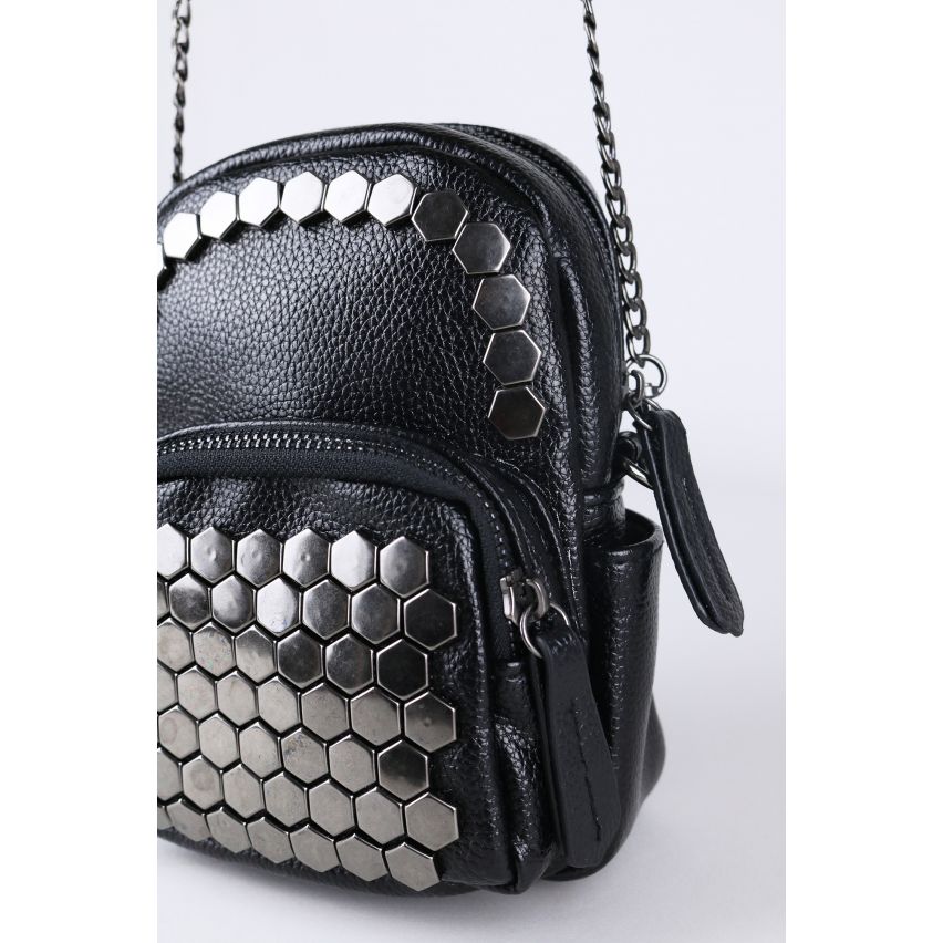 Lovemystyle Black Faux Leather Shoulder Bag With Hexagonal Studs - SAMPLE