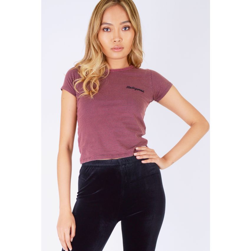 Double Agent Purple Stripe Crop T-Shirt Featuring 'Hollywood' Embroidery