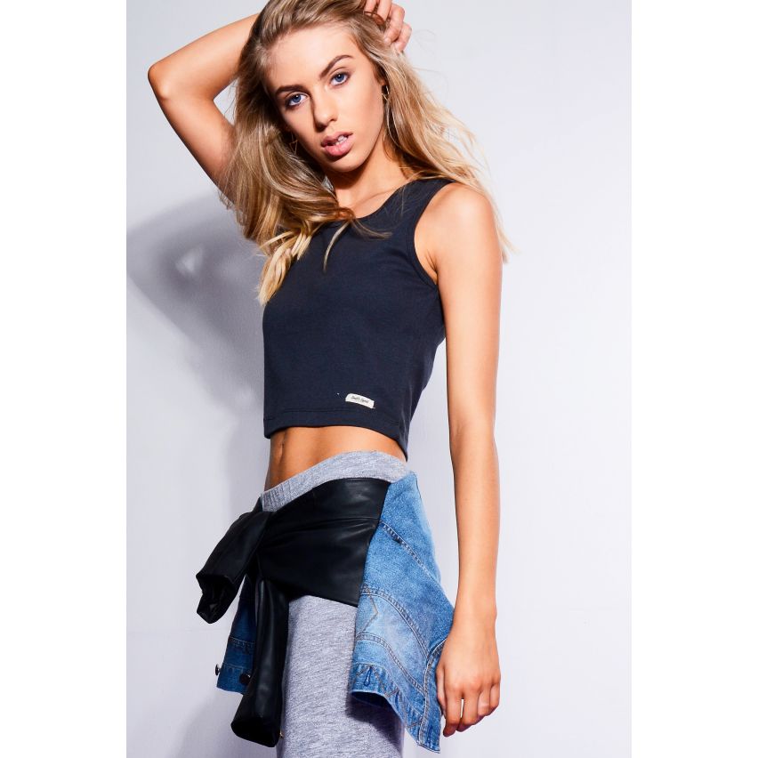 Double Agent Black Cropped Tank Top With 'Hey You' Back