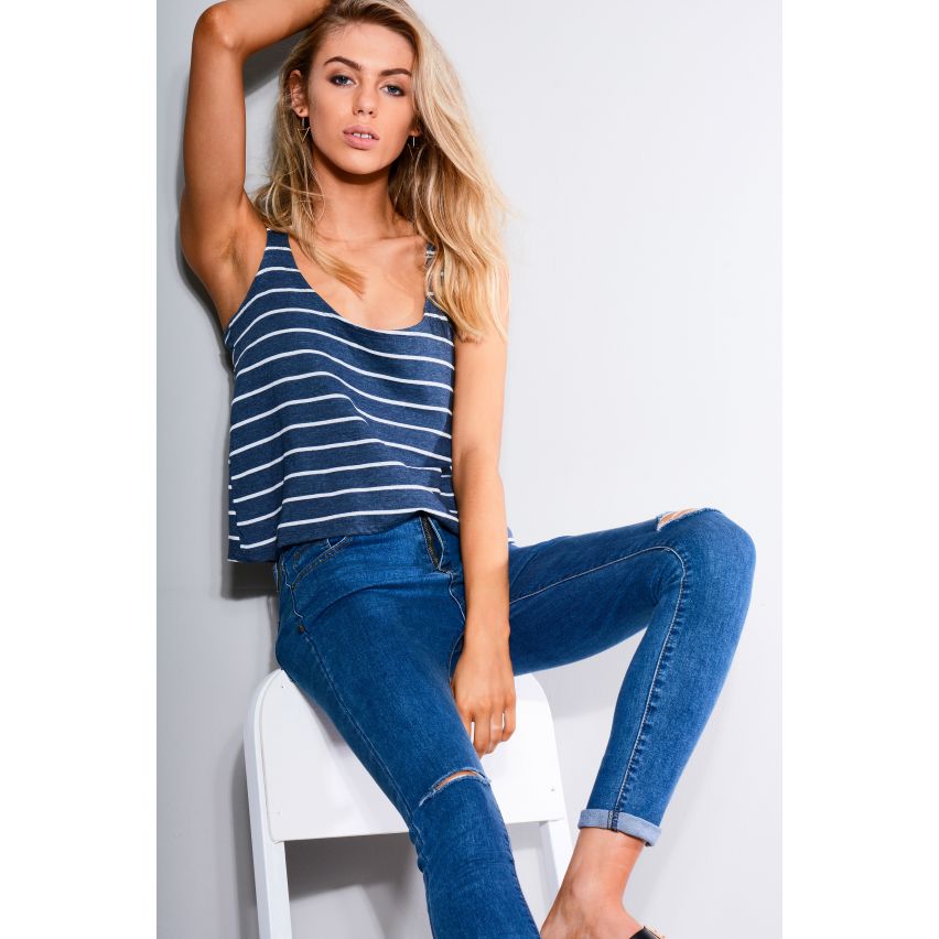 Double Agent Relaxed Fit Blue And White Stripped Crop Top