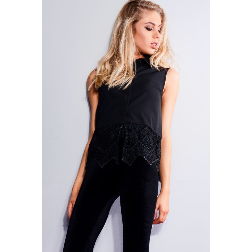 LYDC Black Sleeveless Shirt With Lace Inserts