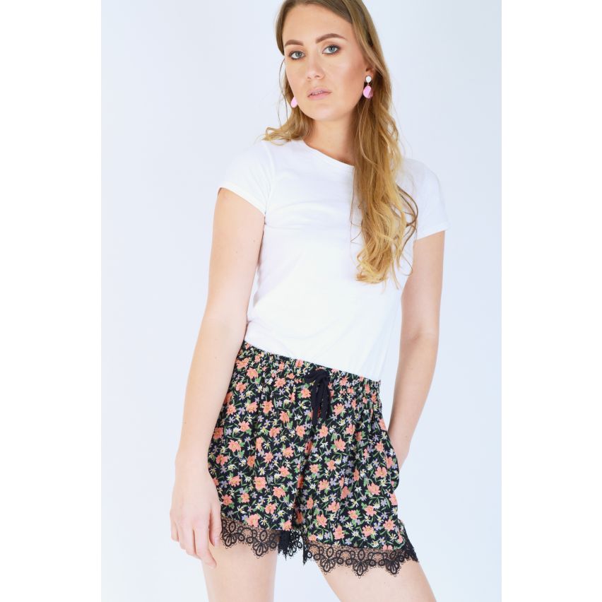 LYDC Black High Waisted Floral Draw String Shorts