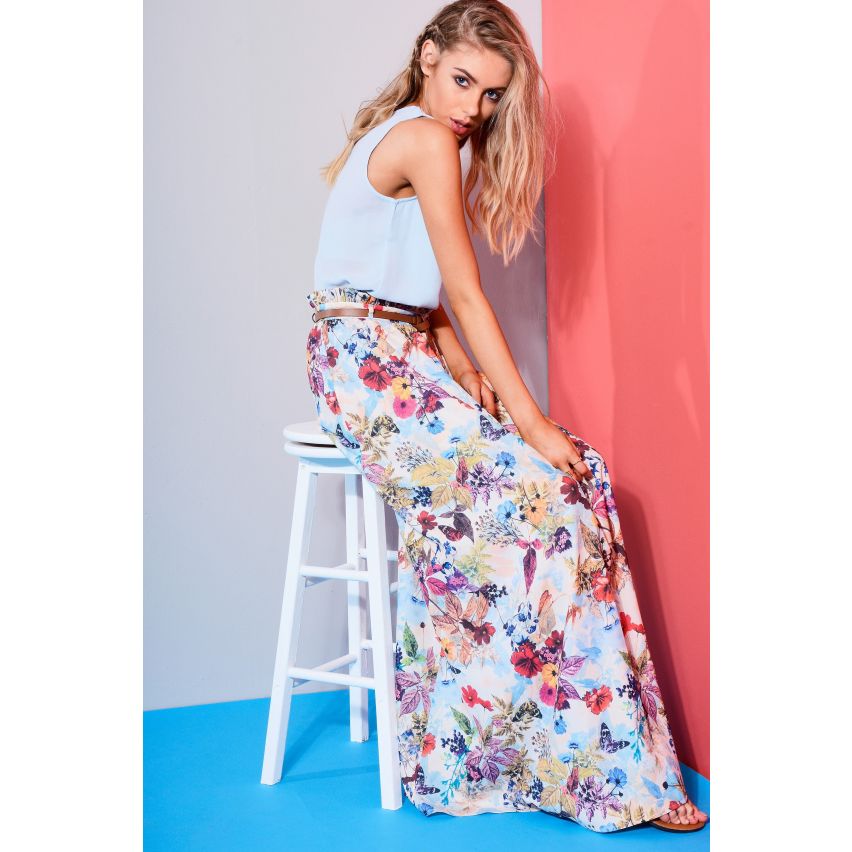 LYDC London Floral Maxi Skirt With Belted Reverse Peplum Waist