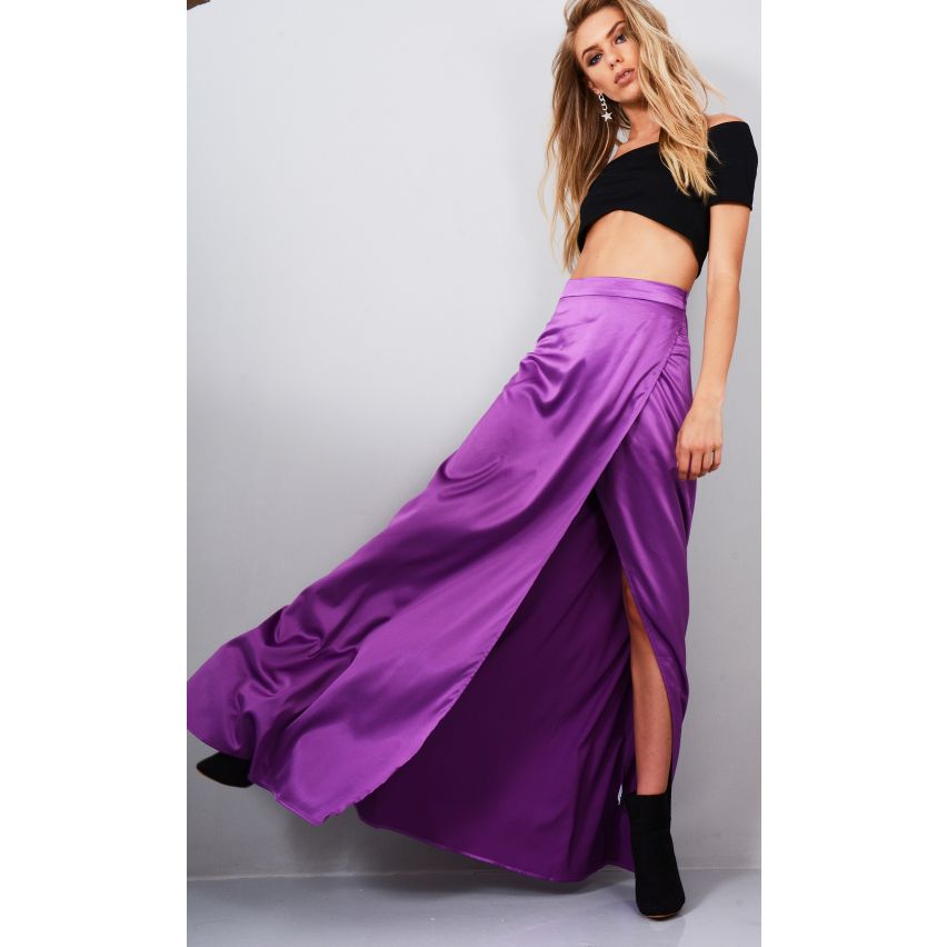 Lovemystyle Purple Satin haute taille haute jupe Maxi avec Split