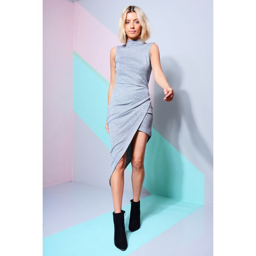 Lovemystyle Silber Metallic Turtle Neck Kleid mit Wickelrock